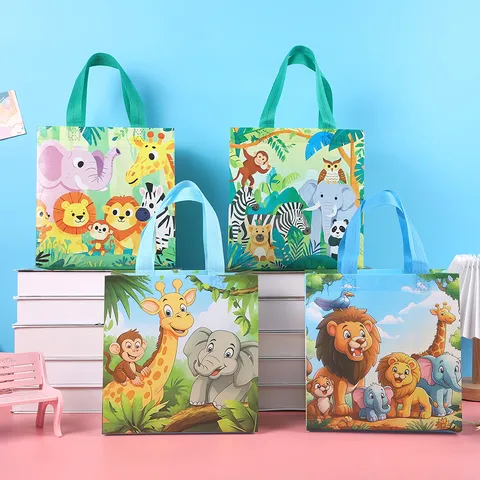 Bolsas de Regalo No Tejidas de Animales del Bosque de Dibujos Animados Bolsas de Embalaje con Asa para Fiesta de Cumpleaños Infantil
