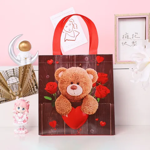 Sac Cadeau Non Tissé de la Saint-Valentin Mignon Ours Teddy Imprimé Sac Cabas Fête Emballage Cadeau