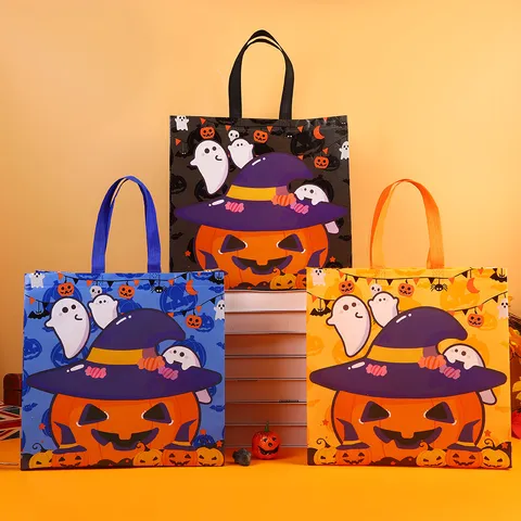 Bolsa de Regalo Impermeable Laminada No Tejida de Halloween Calabaza Fantasma Estampado de Dibujos Animados Bolsa Tote de Fiesta