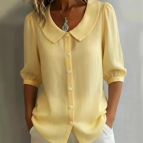 Women Casual Short Sleeve Peter Pan Collar Button Down Solid Color Shirt Top Summer Commuting Fashion Regular Fit Blouse