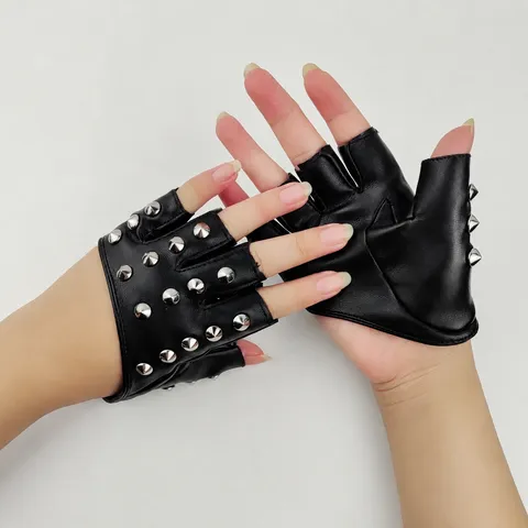 Punk Rivet Half Finger PU Leather Gloves Women Fashion Streetwear Fingerless Performance Gloves Gothic Party Accessories