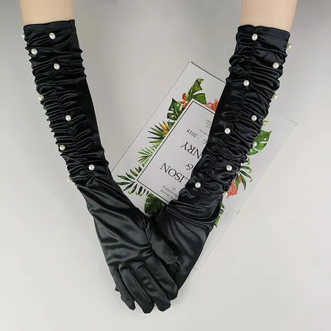 Lange Satin Handschuhe Plissierte Oper Handschuhe Mit Perlenverzierung Für Damen Halloween Cosplay Party Hochzeit Abend Handschuhe