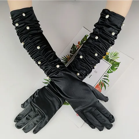 Lange Satin Handschuhe Plissierte Oper Handschuhe Mit Perlenverzierung Für Damen Halloween Cosplay Party Hochzeit Abend Handschuhe