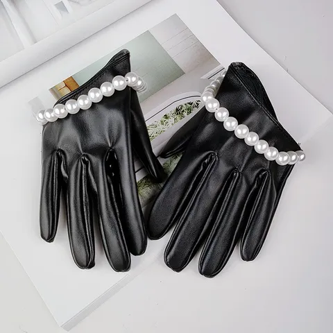 Women's Short Punk Faux Leather Gloves Black Artificial Pearl Embellished Finger Gloves For Cosplay Nightclub Party Performance