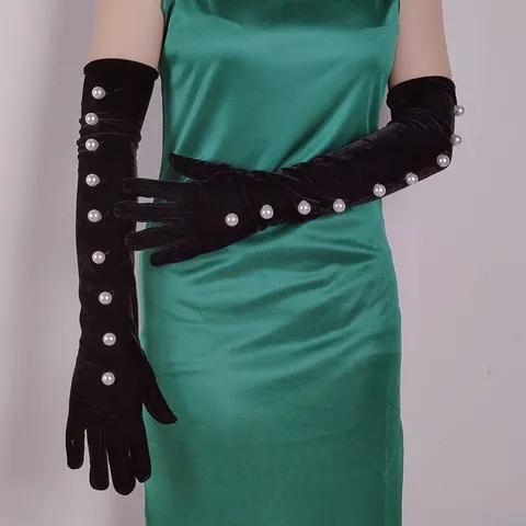 Femmes Hiver Rétro Soirée Fête Longs Gants Polyester Perle Artificielle Gants Noirs Opéra Élégant Gants De Mariage