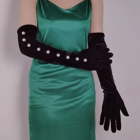 Femmes Hiver Rétro Soirée Fête Longs Gants Polyester Perle Artificielle Gants Noirs Opéra Élégant Gants De Mariage