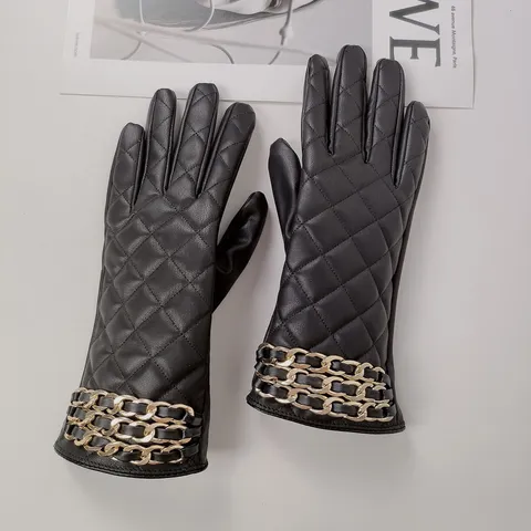 Women Winter Warm PU Leather Gloves Plush Thickened Quilted Chain Touchscreen Windproof Fashion Luxury Gloves