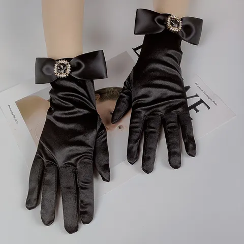 Γαλλικά Vintage Γάντια Satin Με Φιόγκο Strass Γυναικεία Ελεγκάντ Γάντια Γάμου Βραδινό Πάρτι