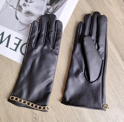Women's Fashion Black PU Leather Gloves Winter Warm Thickened Windproof Punk Cool Party Gloves With Gold Metal Chain