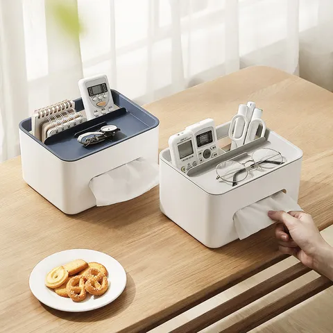 Multifunctional Tissue Box Desktop Storage Organizer With Remote Control Holder PP Dispenser For Living Room Office