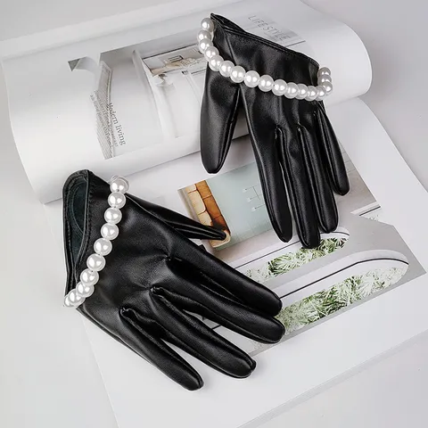 Women's Short Punk Faux Leather Gloves Black Artificial Pearl Embellished Finger Gloves For Cosplay Nightclub Party Performance