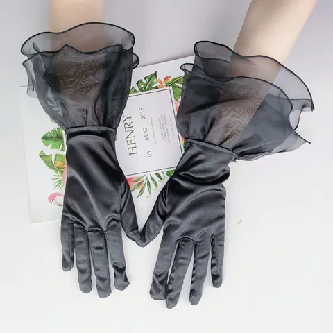 Damen Vintage Schwarze Satin Rüschen Opernhandschuhe Lange Abendparty Hochzeit Kostüm Handschuhe Elegantes Retro Abschlussball Zubehör