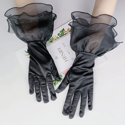 Damen Vintage Schwarze Satin Rüschen Opernhandschuhe Lange Abendparty Hochzeit Kostüm Handschuhe Elegantes Retro Abschlussball Zubehör
