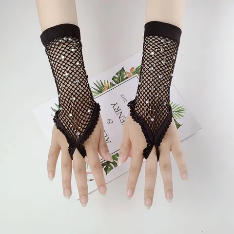 Guantes de Malla Caliente de Moda para Mujer Sexy Encaje Red Negra Diamante de Imitación Clubbing Elástico Festival de Música Accesorios de Ropa
