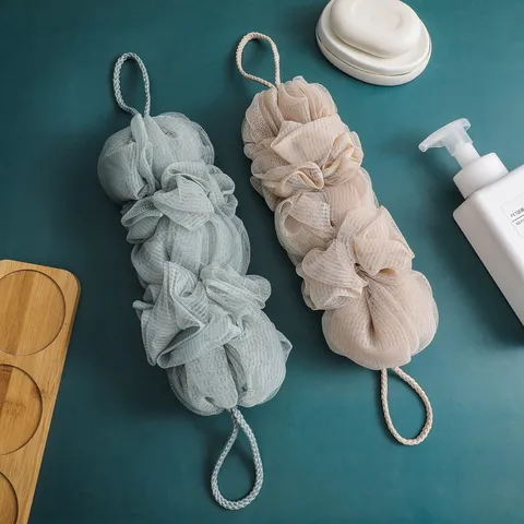 Esponja de Baño Larga de Color Sólido Pouf de Malla Exfoliante Depurador Corporal Con Cuerda Colgante PE Accesorios de Ducha
