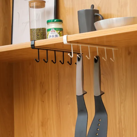 Kitchen Under Cabinet Iron Storage Rack Multi-Hook Nail-Free Hanging Organizer Holder Home Wall Mount Hook