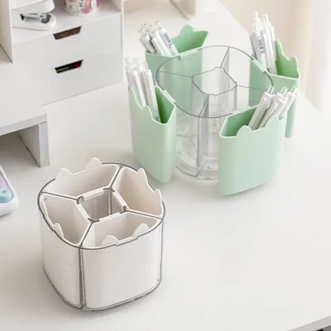 Multi-Functional Rotating Desktop Storage Box Plastic Large Capacity Partitioned Pen Holder Makeup Brush Organizer