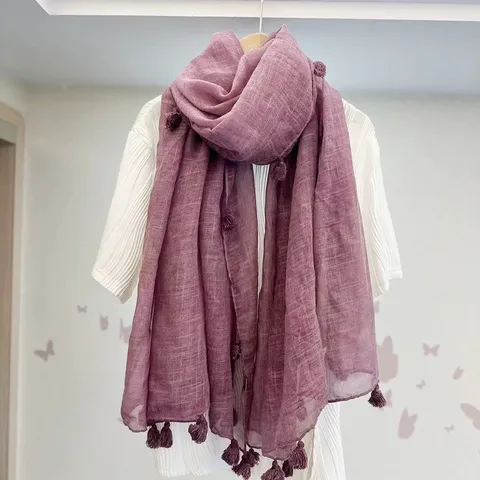 Sciarpa in Misto Cotone con Nappe Tinta Unita Donna Moda Elegante Lungo Sottile Scialle Traspirante