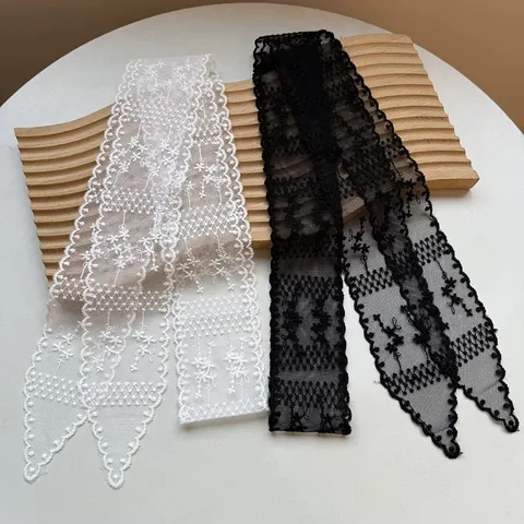 Sciarpa con Nastro in Pizzo Stile Francese Donne Lungo Serpentina Sciarpa per Capelli Versatile Poliestere Ricamato Floreale Moda