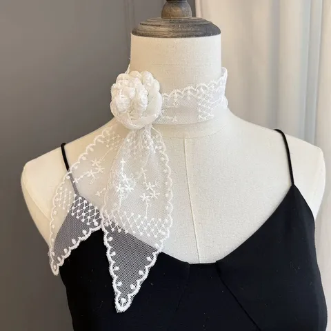 Sciarpa con Nastro in Pizzo Stile Francese Donne Lungo Serpentina Sciarpa per Capelli Versatile Poliestere Ricamato Floreale Moda