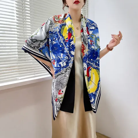 Sciarpa Quadrata da Donna in Raso di Poliestere Stampa Equestre Retro Effetto Seta Grande Scialle Moda Sciarpa Versatile