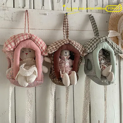 Korean Style Padded Fabric House Shape Hanging Storage Bag For Hair Accessories And Dolls Plaid Pattern Lace Decoration Home Ornament
