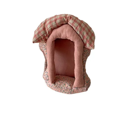 Korean Style Padded Fabric House Shape Hanging Storage Bag For Hair Accessories And Dolls Plaid Pattern Lace Decoration Home Ornament