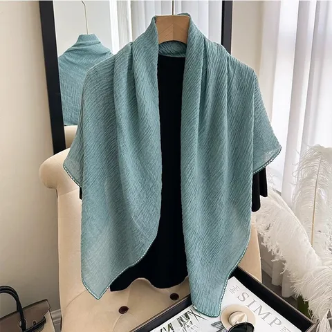 Women Solid Color Pleated Square Scarf Lightweight Breathable Sun Protection Shawl Fashion Head Scarf
