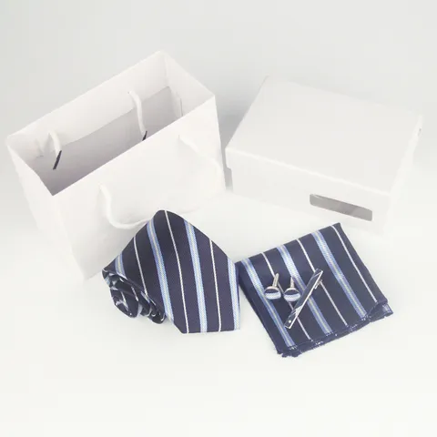 Hommes Affaires Mariage Cravate Ensemble Polyester Jacquard Rayé Cravate Pochette Boutons de Manchette Pince à Cravate Boîte Cadeau