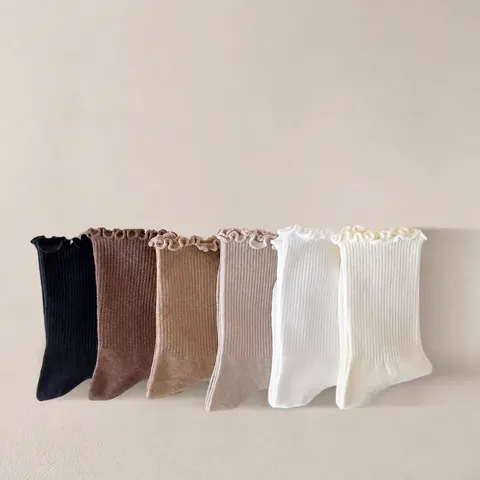 Women's Ruffle Edge Crew Socks Sweet Japanese Style Solid Color Cotton Polyester Blend Stacked Socks