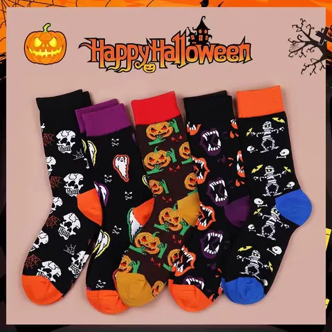 Halloween Pumpkin Skeleton Ghost Crew Socks Unisex Novelty Funny Holiday Party Cotton Blend Socks For Men And Women