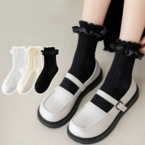 Women Lolita Sweet Bubble Lace Mid Tube Socks Mesh Cable Knit Breathable JK Cute Socks