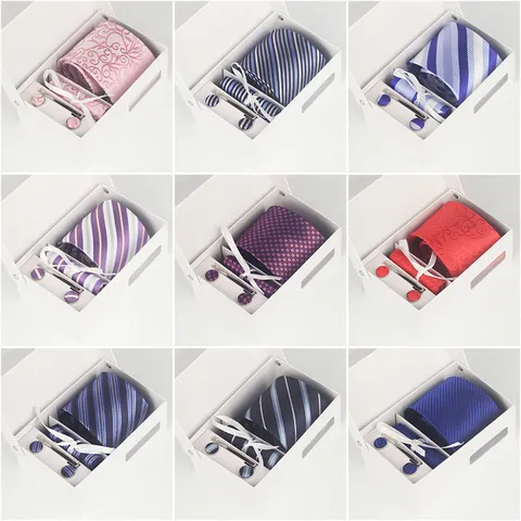 Hommes Affaires Mariage Cravate Ensemble Polyester Jacquard Rayé Cravate Pochette Boutons de Manchette Pince à Cravate Boîte Cadeau