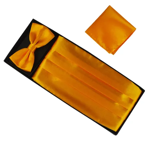 Men Formal Cummerbund Bow Tie Pocket Square Set Glossy Polyester Solid Color Wedding Party Suit Accessories