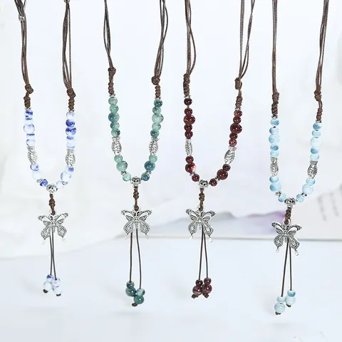 New Chinese Retro Ethnic Style Ceramic Beaded Sweater Chain Alloy Butterfly Pendant Necklace Women Autumn Winter Jewelry