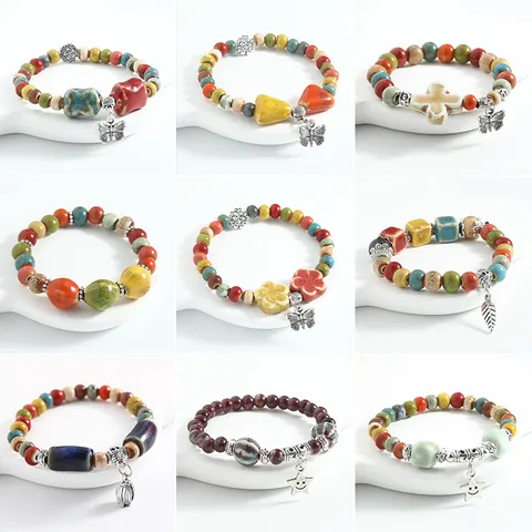 Ethnic Style Ceramic Beaded Bracelet Handmade Colorful Stone Bead Hand String Vintage Jewelry Gift