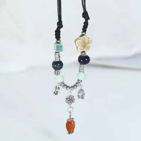 New Chinese Retro Ethnic Style Ceramic Beaded Sweater Chain Alloy Butterfly Pendant Necklace Women Autumn Winter Jewelry