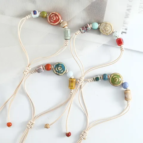Handmade Jingdezhen Ceramic Beaded Bracelet Retro Chinese Style Floral Woven Adjustable String Bracelet Women Jewelry
