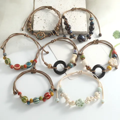 Vintage Chinese Handmade Ceramic Bead Bracelet Floral Wood Ring Adjustable Woven Charm Jewelry Gift for Women