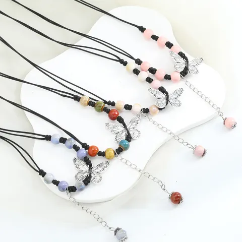 New Chinese Style Ceramic Butterfly Pendant Necklace Literary Retro Beaded Sweater Chain Women Jewelry Gift