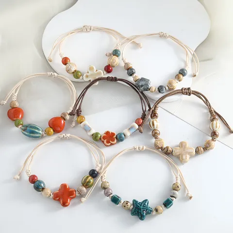 Handmade Jingdezhen Ceramic Beaded Bracelet Woven Clover Star Flower Charm Hand Jewelry For Unisex