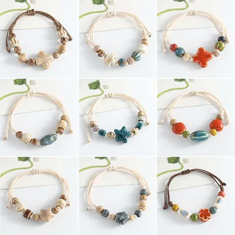 Handmade Jingdezhen Ceramic Beaded Bracelet Woven Clover Star Flower Charm Hand Jewelry For Unisex