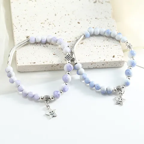 New Chinese Ethnic Ceramic Beaded Bracelet Macaron Colorful Porcelain Hand String Smiley Star Pendant Fashion Jewelry Gift For Women