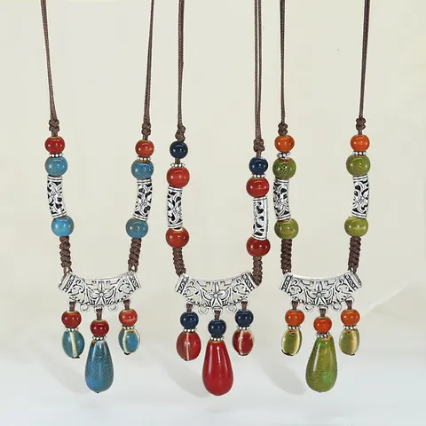Boho Ceramic Water Drop Pendant Necklace Long Sweater Chain Vintage Woven Rope Beaded Jewelry Gift For Women