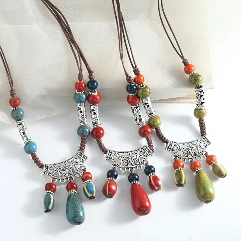 Boho Ceramic Water Drop Pendant Necklace Long Sweater Chain Vintage Woven Rope Beaded Jewelry Gift For Women