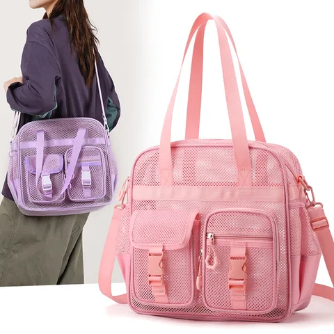 Casual Hollow Out Mesh Beach Bag Breathable Lightweight Shoulder Crossbody Travel Bag For Women And Men