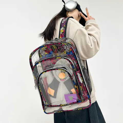 Transparenter PVC Rucksack Wasserdichte Graffiti Schultasche Lässiger Reise Daypack Für Damen Herren Mode Studenten Buchtasche