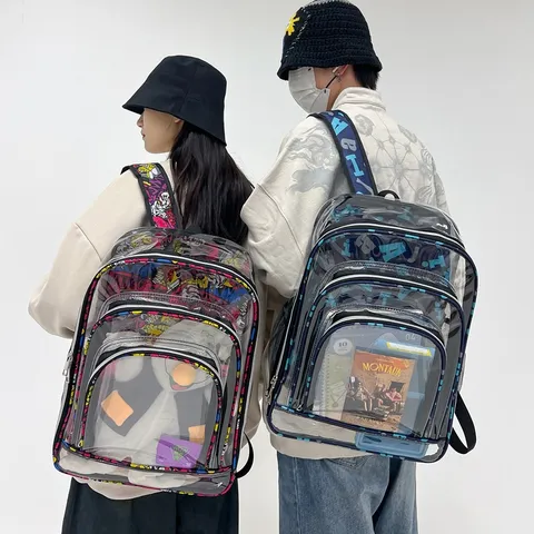 Transparenter PVC Rucksack Wasserdichte Graffiti Schultasche Lässiger Reise Daypack Für Damen Herren Mode Studenten Buchtasche