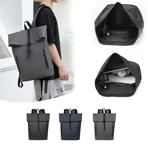 Men's Business Casual Waterproof Roll Top Backpack Large Capacity Travel Laptop Bookbag Unisex Coated Fabric Daypack