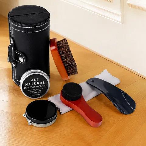 Leder Schuhpflege Kit Tragbar Schuhcreme Reiniger Holzbürste Schwang Schuhlöffel Aufbewahrungsbehältnis Für Tägliche Pflege